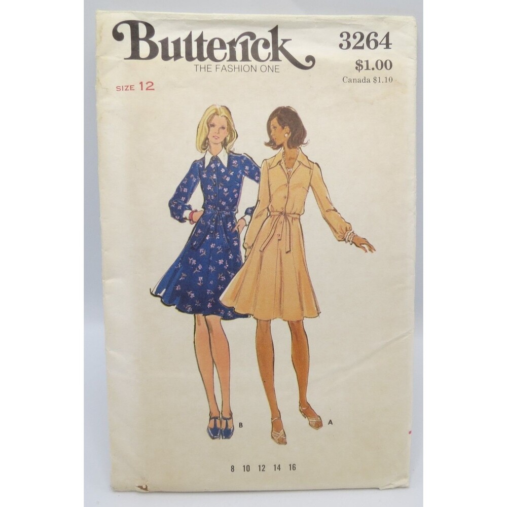 Butterick 3264 Misses' Dress Sizes 8 10 12 14 16 70s Vintage